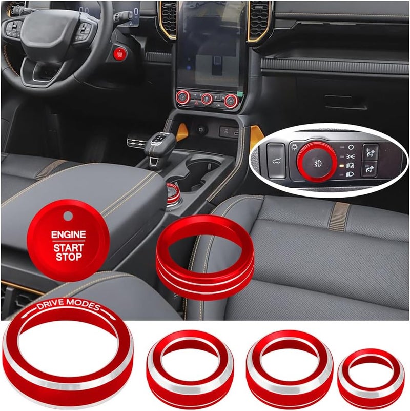HDUFC for Ford 2024 2025 Ranger, air Conditioning, Volume Control, Push-Button Start, 4WD and Headlight switches, 7 Pieces of Aluminum Alloy knob Cover Decoration (red) - Image 1